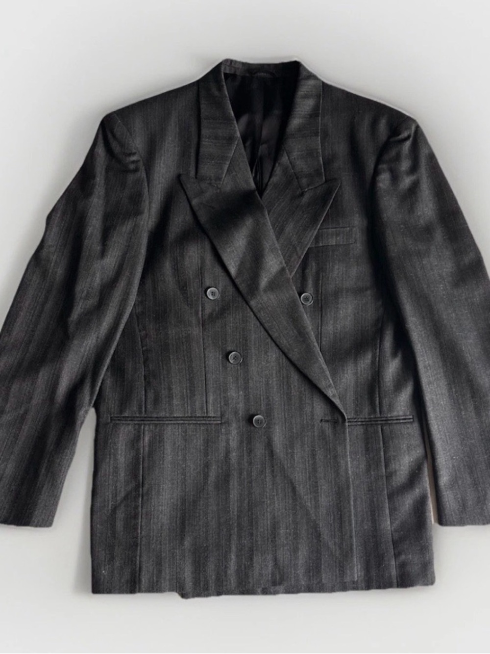 Vintage Bachrach Men's Gray Wool Tweed Double-Breasted Striped Suit Jacket 42R